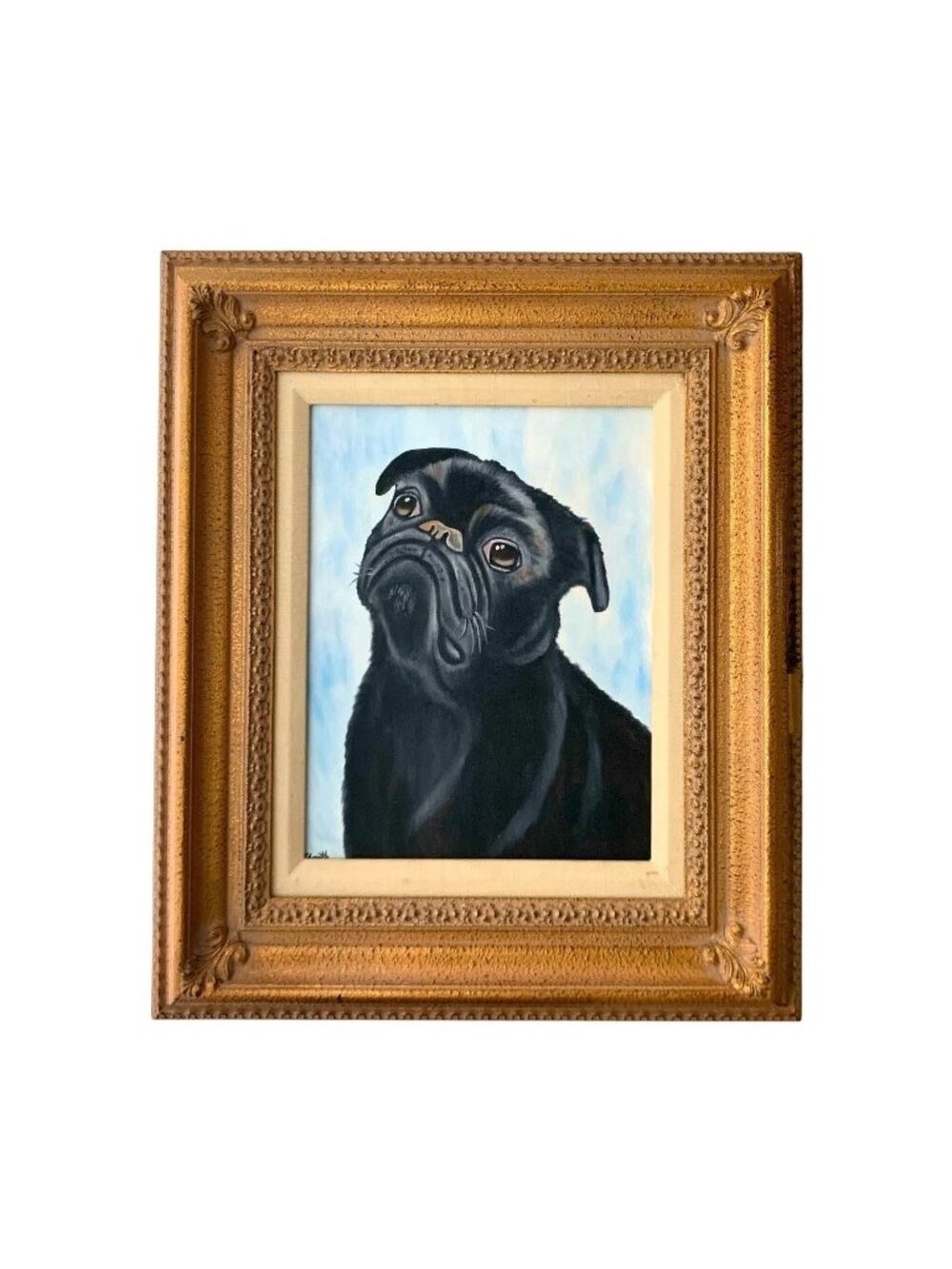 Dog Painting Cute Pug Oil on Board Original Signed and Framed Wall Art Decor